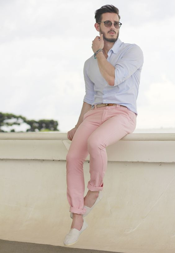 Pink Casual Trouser, Men's Outfits With Light Blue Shirt, Trousers: 