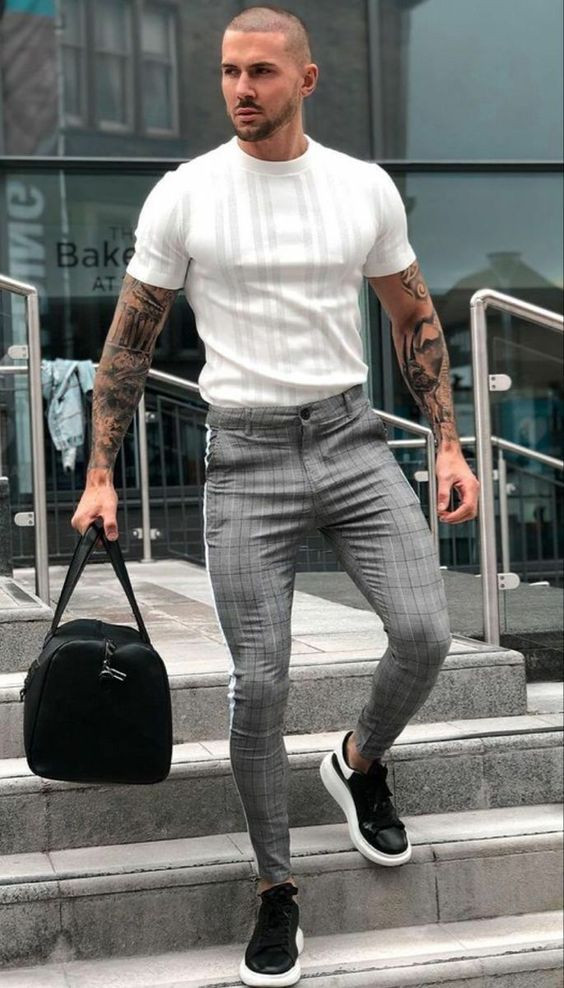 Grey Formal Trouser, Plaid Pants Outfits Ideas With White T-shirt,  Men's Plaid Pants Outfit: 