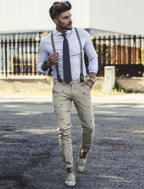 Suspenders Ideas With Beige Formal Trouser, Mens Outfits: 