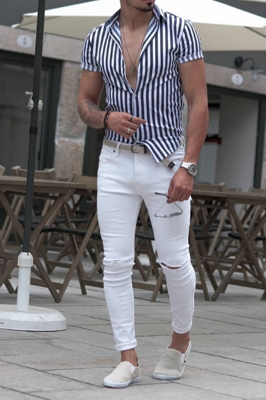 Shirt, Summer Clothing Ideas With White Casual Trouser, White Jeans Outfits Men's: 