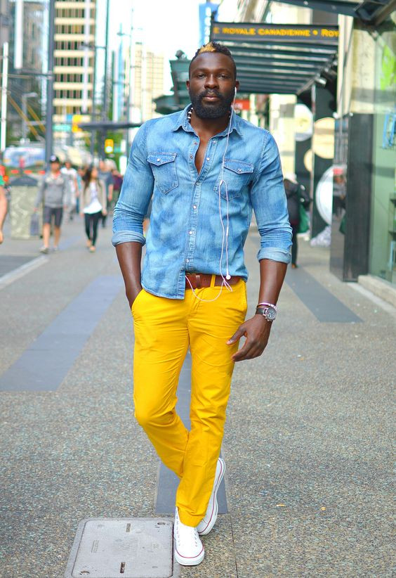 Yellow Jeans, Men's Fashion Trends With Light Blue Denim Shirt, Jeans: 