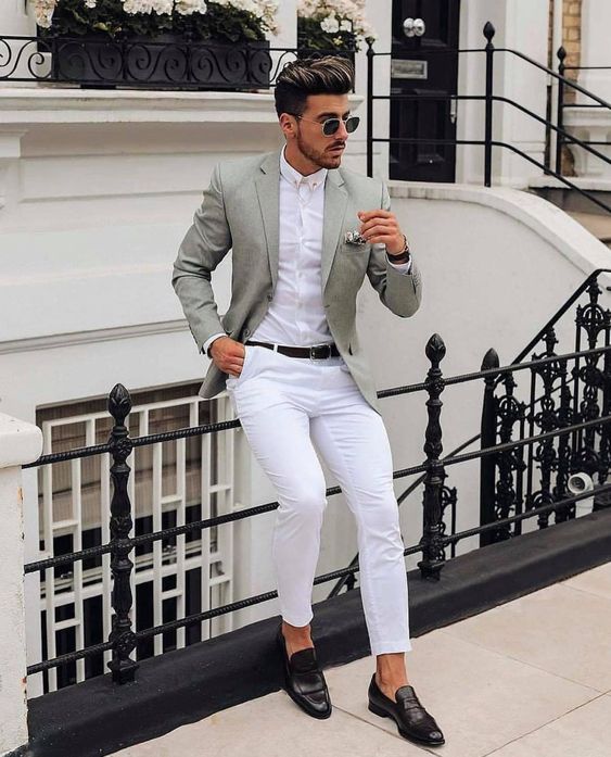 White Casual Trouser, Men's Fashion Trends With Green Suit Jackets And Tuxedo, Men Business Attire: 