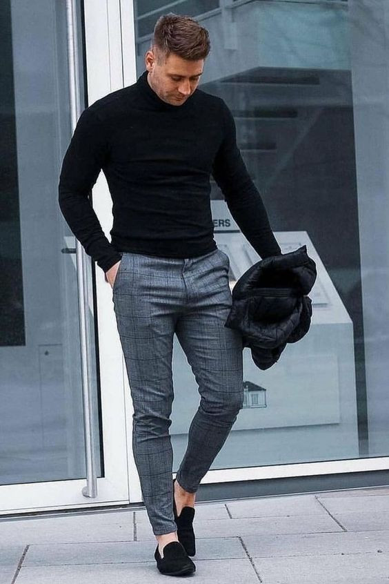 Grey Casual Trouser, Plaid Pants Outfit Trends With Black Sweater, Street Style Mens Checked Trousers Outfit: 