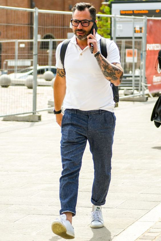 White Polo-shirt, Men's Summer Attires Ideas With Dark Blue And Navy Jeans, Jeans: 