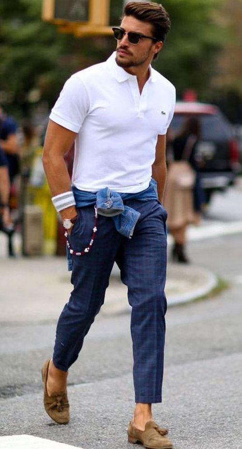 White Polo-shirt, Men's Summer Fashion Ideas With Dark Blue And Navy Jeans, White Polo Navy Pants: 