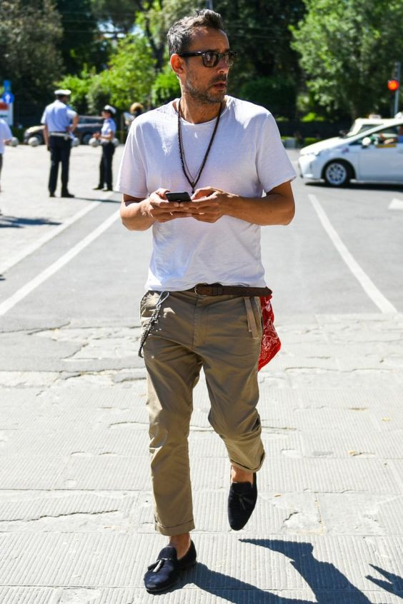 White T-shirt, Men's Summer Outfit Trends With Brown Casual Trouser, chinos summer: 