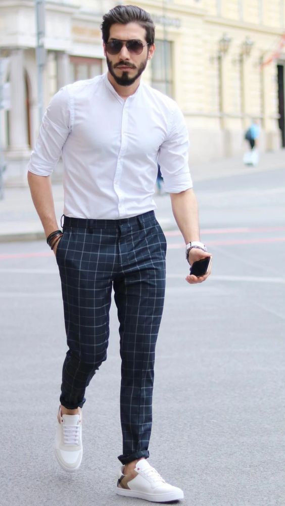 Dark Blue And Navy Formal Trouser, Plaid Pants Fashion Ideas With White  Denim Shirt, Formal Dress Men | Formal wear, casual wear, men's style
