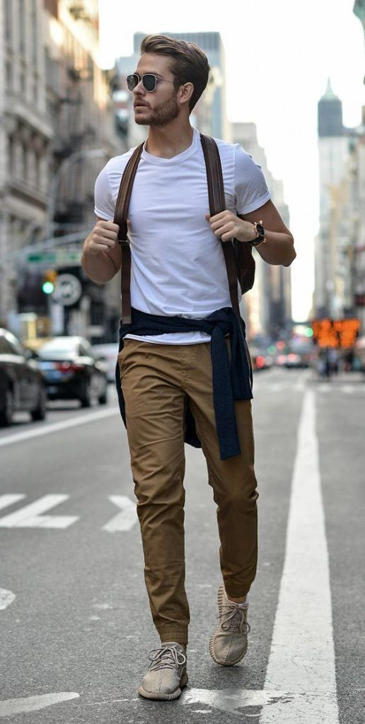 White T-shirt, Men's Summer Outfits Ideas With Brown Sweat Pant, Men Tie Sweater Around Waist: 