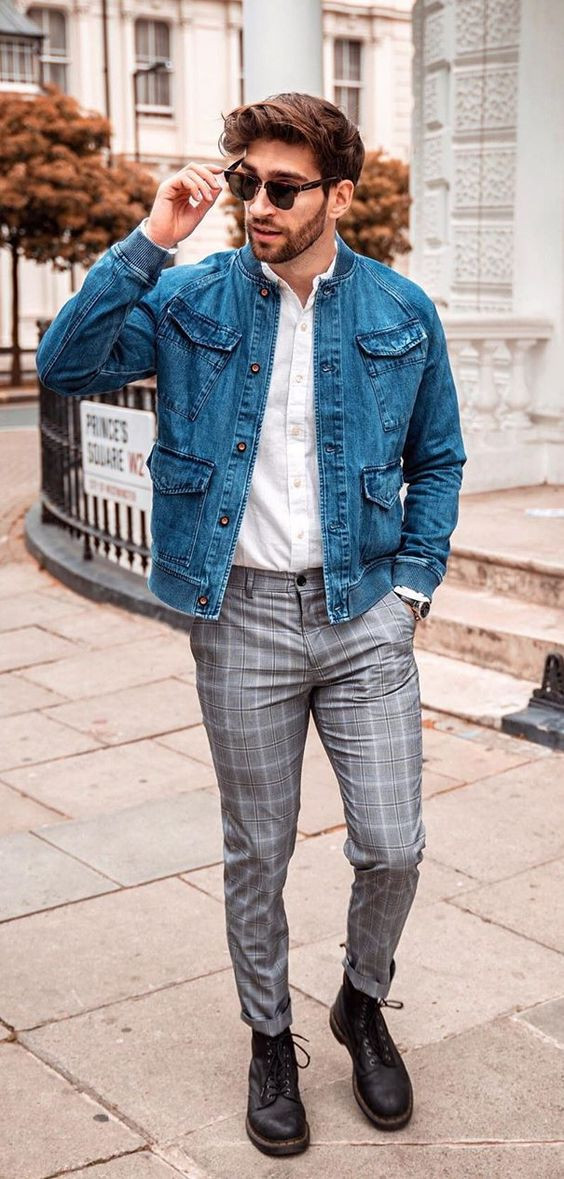 Grey Formal Trouser, Plaid Pants Outfits Ideas With Dark Blue And Navy Casual Jacket, Denim Jacket With Plaid Pants: 