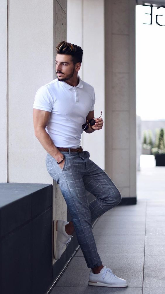 White Polo-shirt, Men's Summer Attires Ideas With Grey Casual Trouser, Plaid Pants With Polo: 