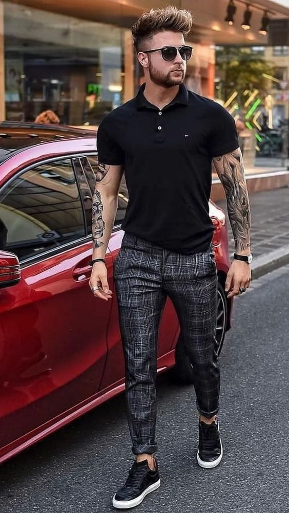 Black Polo-shirt, Men's Summer Outfit Trends With Grey Formal Trouser, Street Style Modern Men Fashion 2022: 