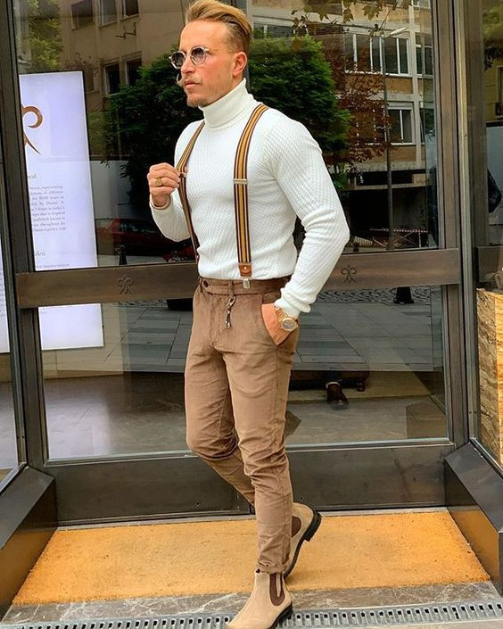White Cardigan, Suspenders Fashion Trends With Brown Suit Trouser, Best Suspenders Outfit Ideas: 
