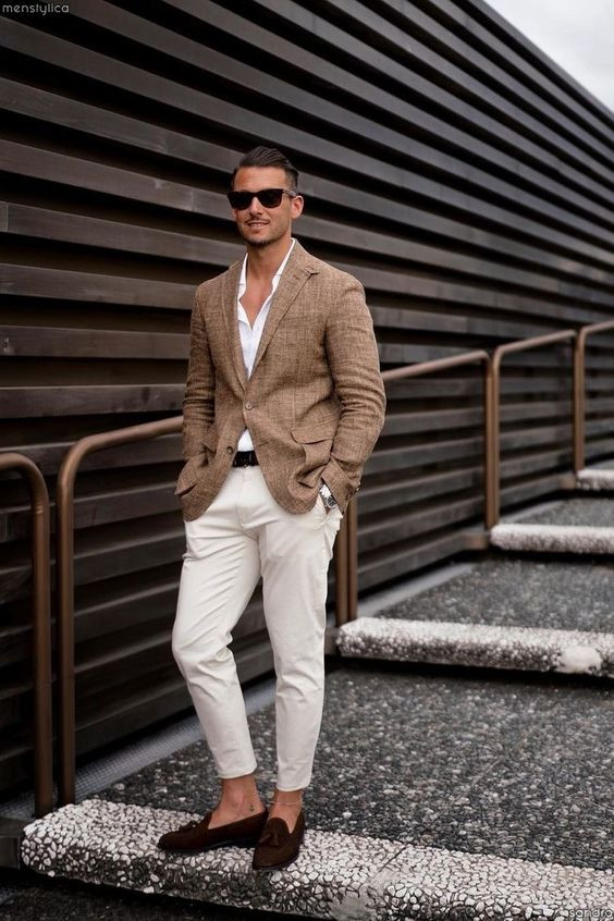 White Jeans, Men's Fashion Trends With Beige Suit Jackets And Tuxedo, Men Wedding Guest Outfit Brown: 