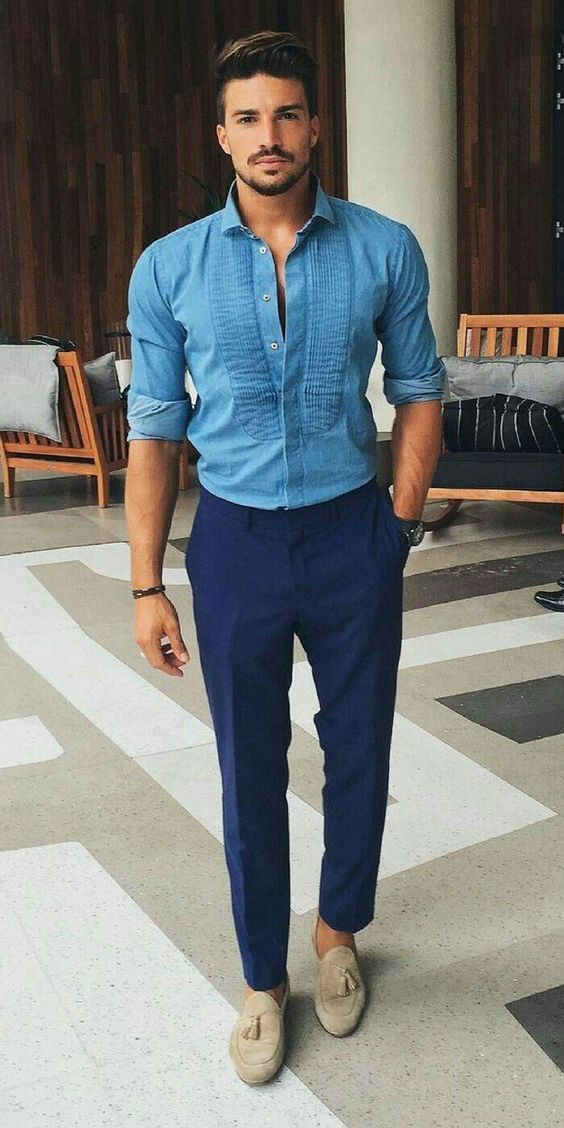 Dark Blue And Navy Formal Trouser, Men's Fashion Ideas With Light Blue Denim Shirt, Mariano Di Vaio In Formals: 