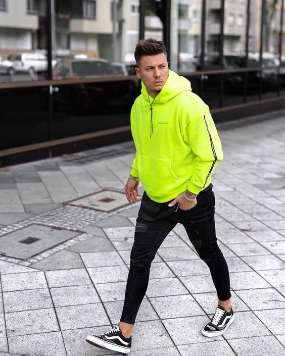 Green Hoody, Neon Attires Ideas With Black Casual Trouser, Shoe | Road  surface, high-visibility clothing