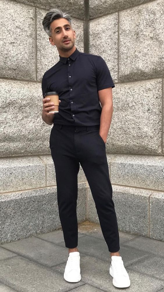 Black Suit Trouser, Men's Wardrobe Ideas With Black Shirt, Tan France Outfits: 