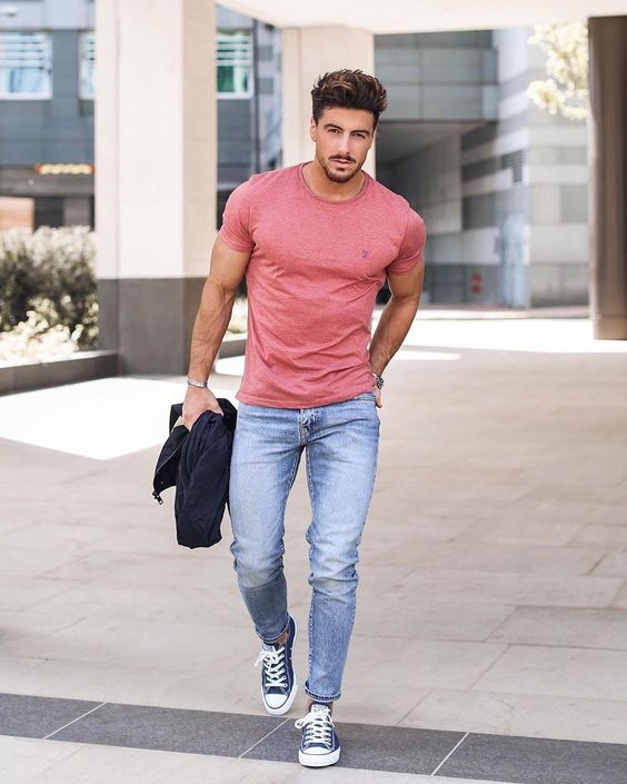 Pink T-shirt, Men's Summer Fashion Trends With Light Blue Casual Trouser, Men's Casual Fashion Instagram: 