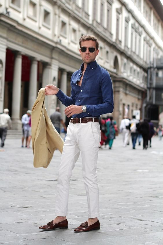 White Casual Trouser, Men's Outfit Trends With Dark Blue And Navy Denim Shirt, Gallery Of The Uffizi: 