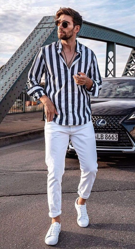 Shirt, Summer Fashion Outfits With White Jeans, Striped Shirt For Men: 