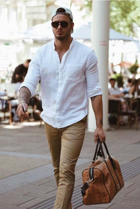 Beige Jeans, Men's Fashion Trends With White Shirt, White Shirt And Chinos: 