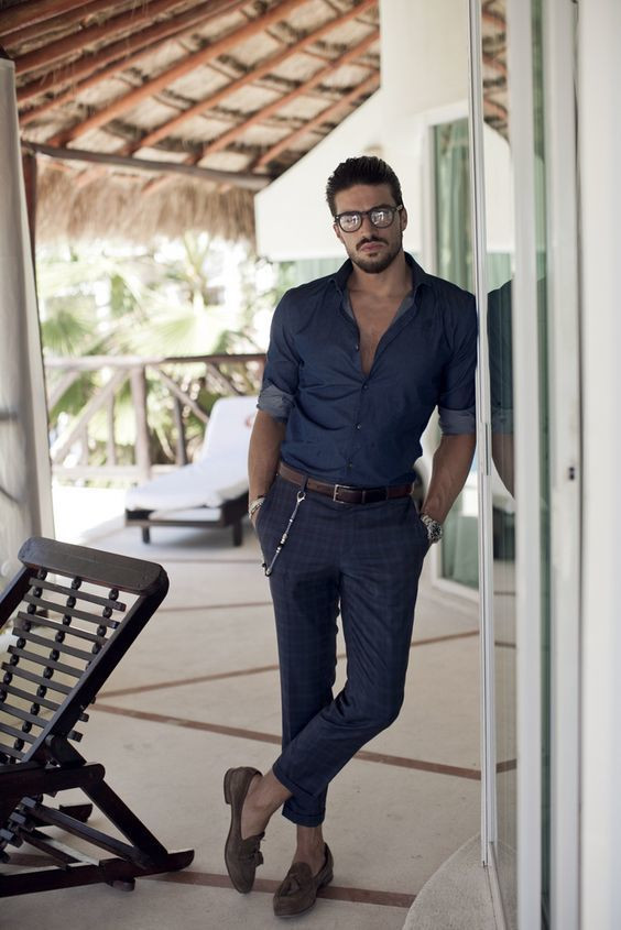 Dark Blue And Navy Formal Trouser, Men's Outfits Ideas With Dark Blue And Navy Denim Shirt, Resort Casual Men: 