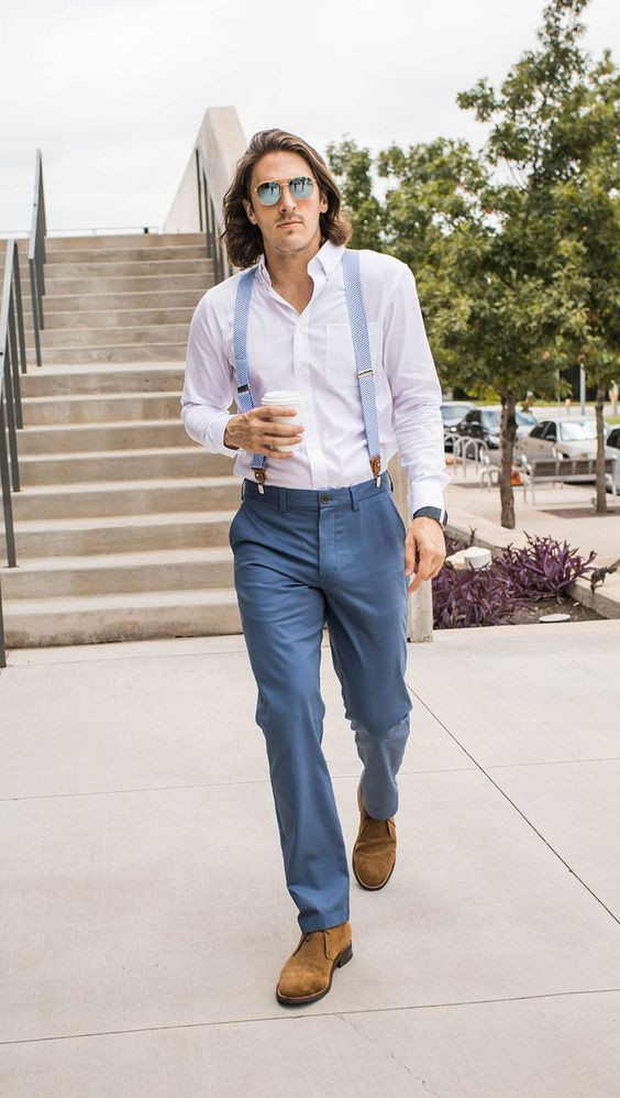 White Shirt, Suspenders Fashion Trends With Light Blue Suit Trouser, Suspender Styles Ideas: 