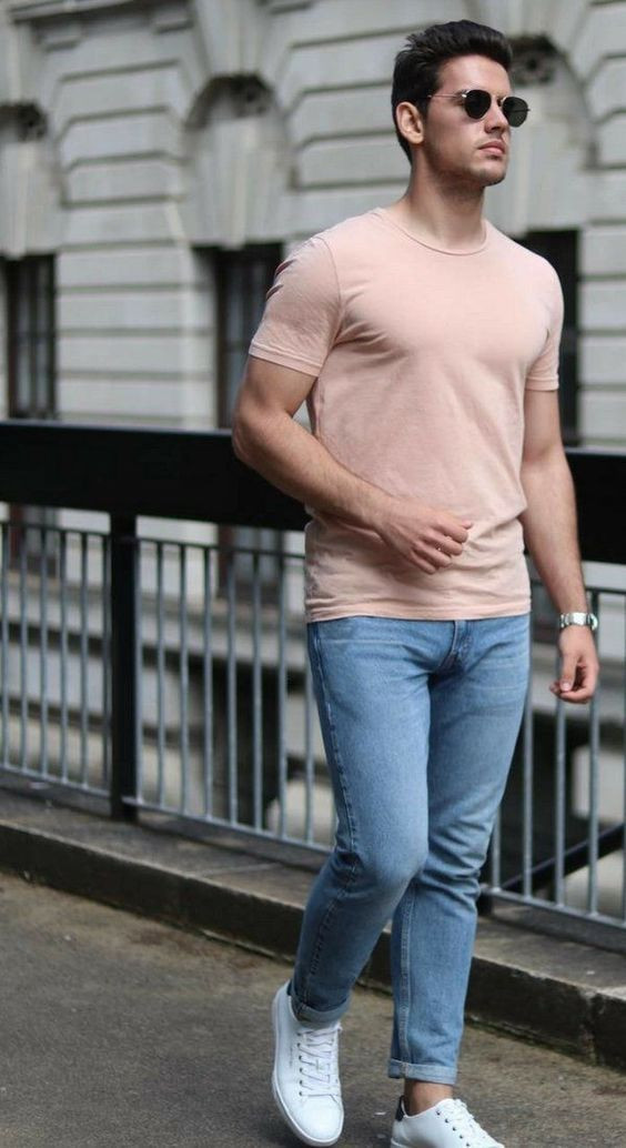 Pink T-shirt, Men's Summer Fashion Tips With Light Blue Casual Trouser, Casual Date Outfit Men: 