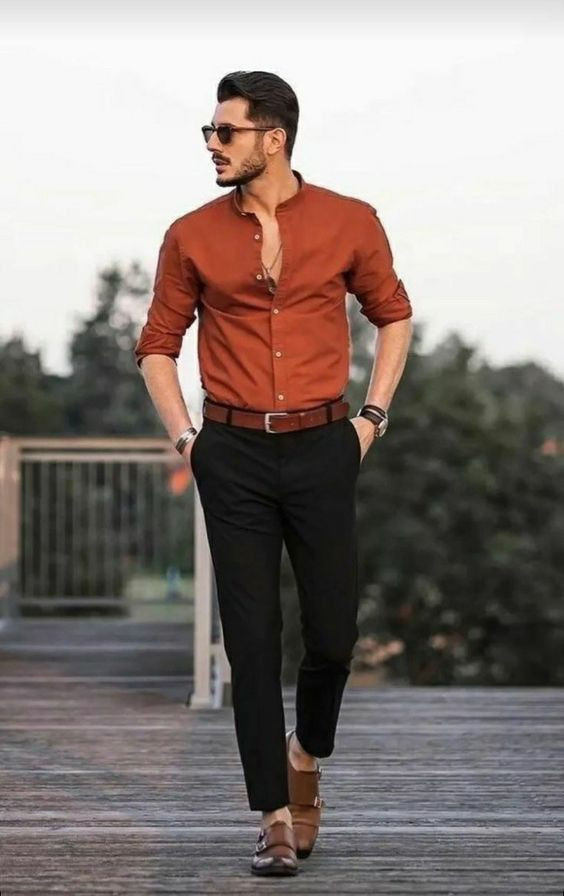 Black Casual Trouser, Men's Ideas With Orange Shirt, Best Formal Dress For Men: 