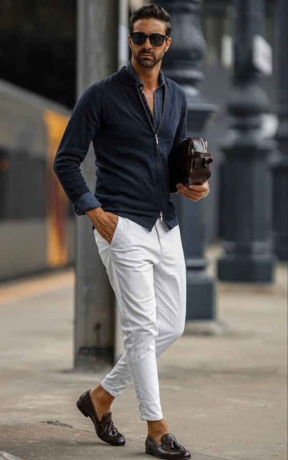 White Casual Trouser, Men's Outfits With Dark Blue And Navy Shirt, Jeans: 