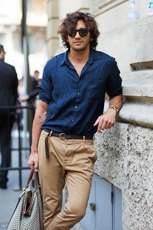 Beige Pants, Men's Outfit Designs With Dark Blue And Navy Denim Shirt, Wear A Linen Shirt: 
