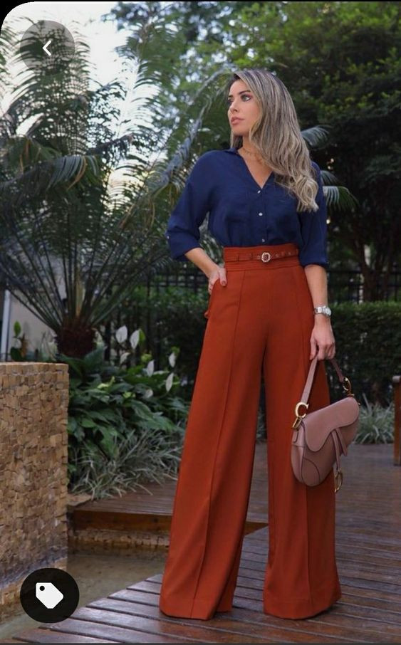Orange Casual Trouser, Square Pants Outfit Designs With Dark Blue And Navy Cropped Blouse, Outfit Pantalon Color Ladrillo Mujer: 