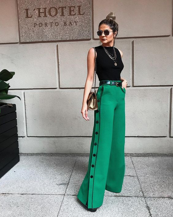Green Suit Trouser, Square Pants Fashion Wear With Black Shell Top, Looks Com Calça Pantalona Verde: 