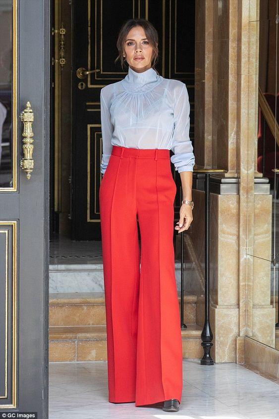 Red Suit Trouser, Square Pants Fashion Ideas With White Cropped Blouse, Pants Victoria Beckham Style: 