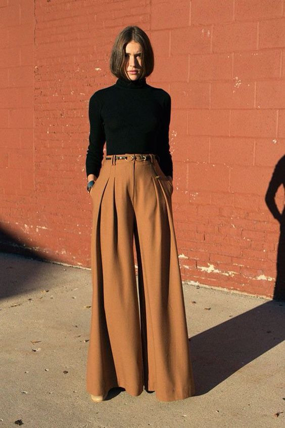 Orange Pleated, Square Pants Clothing Ideas With Black Sweater, Style Palazzo Pants: 