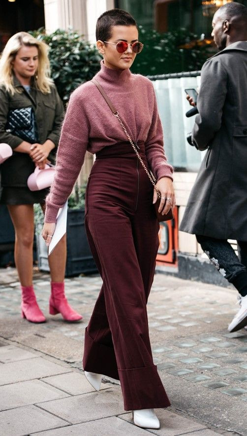 Purple And Violet Suit Trouser, Square Pants Outfits With Pink Sweater, Burgundy Wide Leg Pants Outfit: 