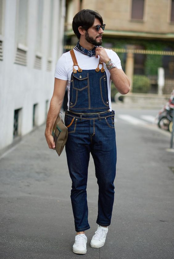 White Upper, Bandana Fashion Trends With Dark Blue And Navy Dungaree, Homens Com Macacao: 