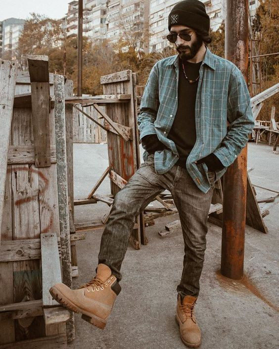 Light Blue Casual Jacket, Boot Fashion Wear With Grey Suit Trouser, Male Timberland Boots Outfit: 