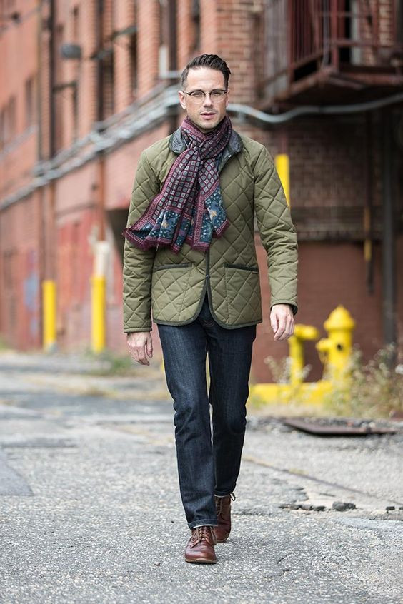 Green Winter Jacket, Scarf Fashion Ideas With Dark Blue And Navy Jeans, Wearing Quilted Jacket: 