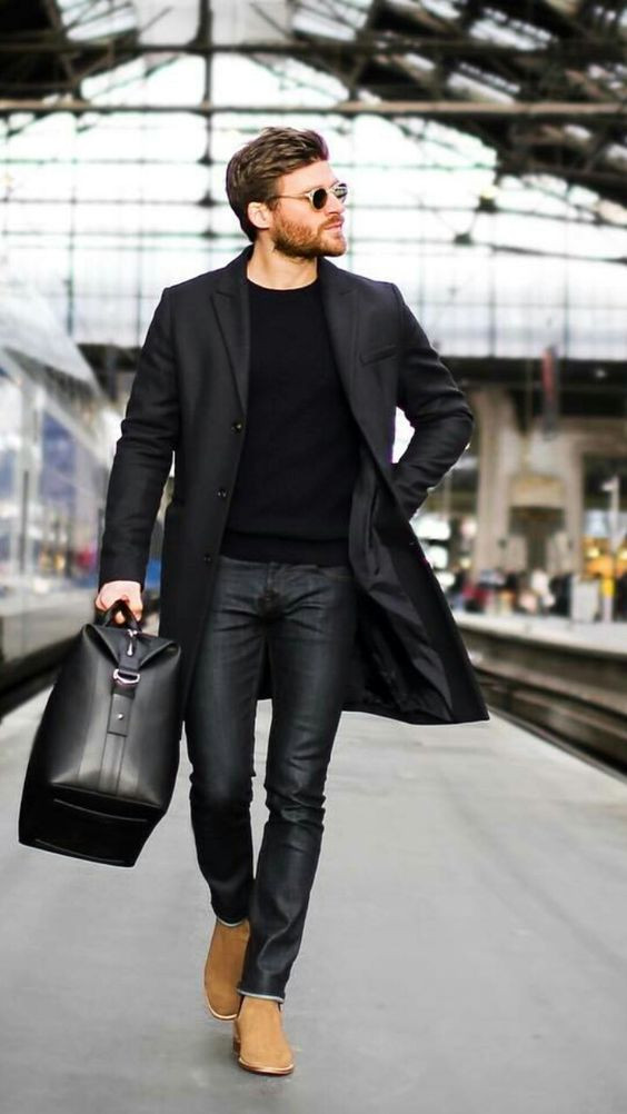 Black Wool Coat, Boot Fashion Wear With Grey Casual Trouser, Coat: 