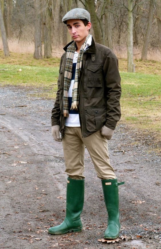 Green Casual Jacket, Scarf Clothing Ideas With Beige Casual Trouser, Outfit Rain Boots Men: 