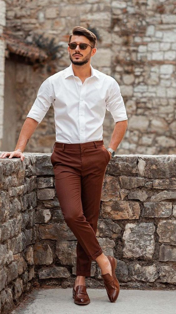 White Shirt, Birthday Fashion Trends With Brown Suit Trouser, Mens ...