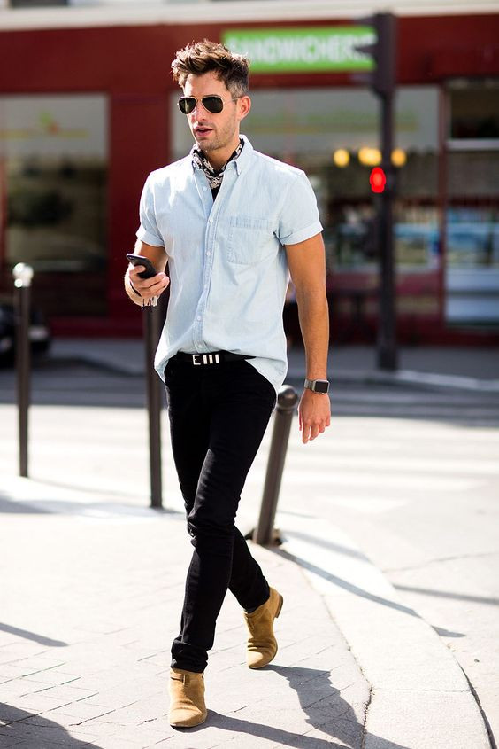 Light Blue Denim Shirt, Bandana Wardrobe Ideas With Black Jeans, Short Sleeve Shirt And Boots: 