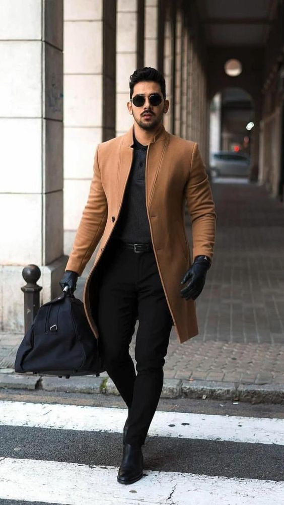 Brown Wool Coat, Gloves Ideas With Black Jeans, Men's Brown Coat: 