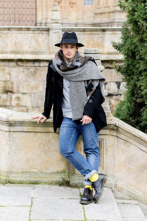 Grey Puffer Jacket, Scarf Fashion Trends With Light Blue Casual Trouser, Hat Outfits Men's: 