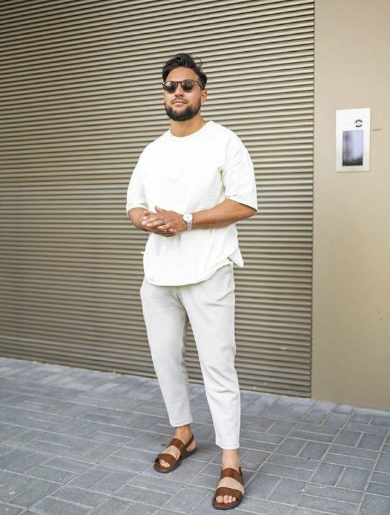White T-shirt, All White Fashion Tips With White Suit Trouser, Standing: 