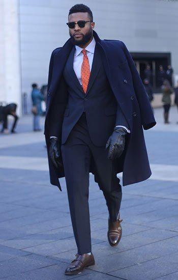 Dark Blue And Navy Winter Coat, Gloves Outfits With Black Suit Trouser ...