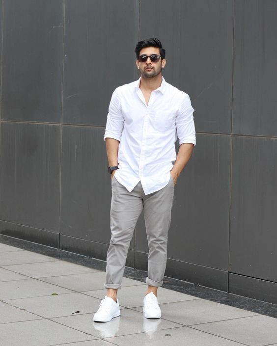 White Shirt, Birthday Outfits With Grey Trouser, Kemeja Ootd Men: 