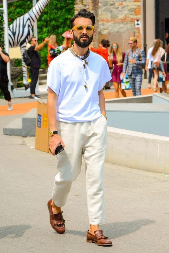 Light Blue Polo-shirt, Bandana Clothing Ideas With White Casual Trouser, Brown Loafers With T Shirt: 