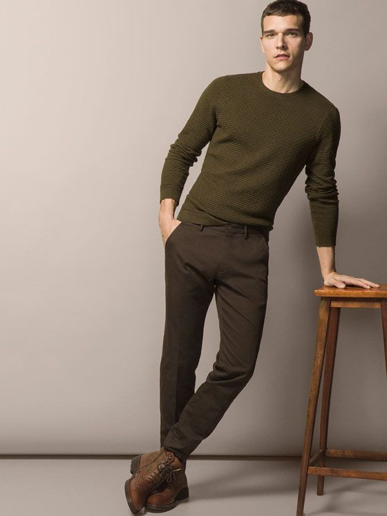 Green Sweater, Boot Fashion Trends With Brown Formal Trouser, Standing: 