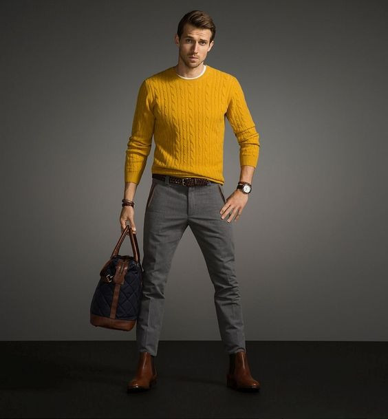 Yellow Sweater, Boot Fashion Tips With Grey Casual Trouser, Mustard Sweater Outfit Men's: 
